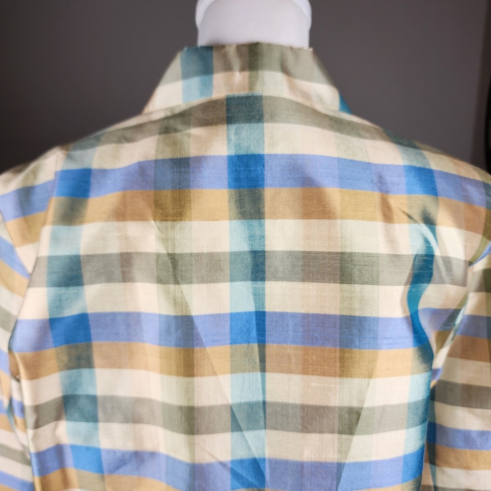 Silkland Shirt Top Jacket Womens 10 Blue Gold Green Check Silk Casual Office VTG - Picture 4 of 8